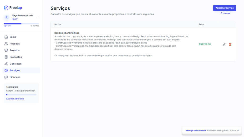 Como cadastrar serviços na Freelup - Tela de serviços com o primeiro serviço