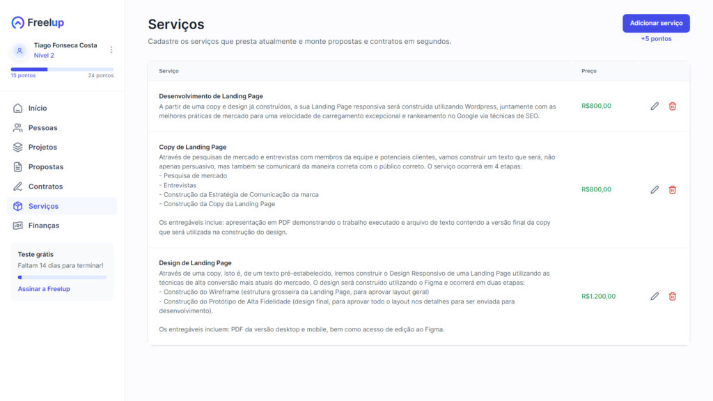 Como cadastrar serviços na Freelup - Tela de serviços completa