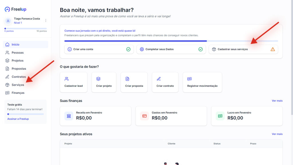 Como cadastrar serviços na Freelup - Tela inicial