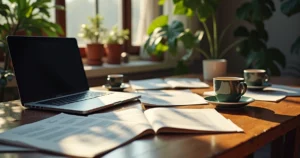 Mesa de trabalho bagunçada com papéis espalhados, laptop aberto e cafés, simbolizando desorganização afetando projetos