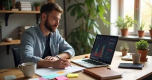 Freelancer usando laptop e caderno para organizar projetos e finanças com aplicativos digitais