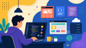 Ilustração de pessoa aprendendo JavaScript no notebook, com elementos de navegador, código e interface ao redor.